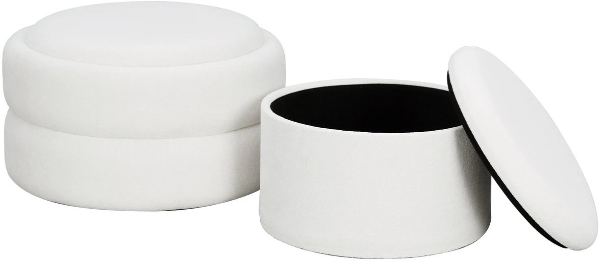CINK Living® Opbergpoef Set van 2 - Bouclé Teddy Stof - Wit - Opvouwbare Opbergbank - Voetenbank - Ronde Hocker met Opbergruimte - Japandi