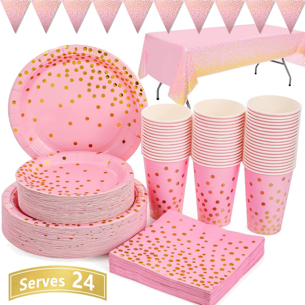 Feestartikelen Set - Servies Set - Feestelijke Viering - Goudfolie Stippen - 99 Stuks - Roze Goud