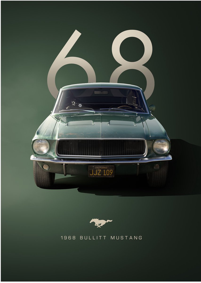 Ford Mustang Bullitt 1968 - Dibond Wandprint - 50x70 cm - Premium Aluminium - Vintage Auto Poster - Galerij Kwaliteit Wanddecoratie - Mustang