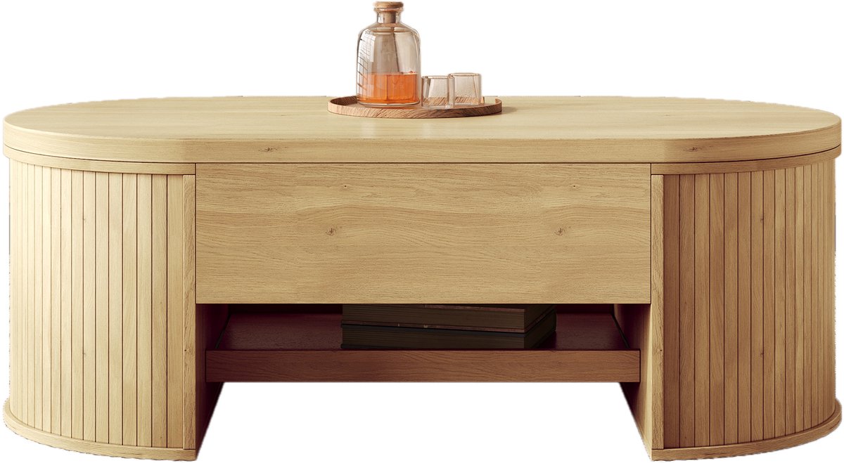 Clruro Salontafel - Verstelbaar Tafelblad en Uitschuifbaar Rek - Gebogen Houten Zijkanten - Hout - Naturel