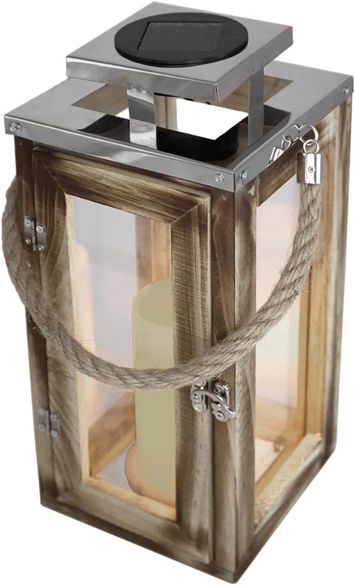 Solar Lantaarn - Houten Lamp - Decoratieve Verlichting - Warm Wit Licht - 41 cm Hoog - Natuurlijk Hout
