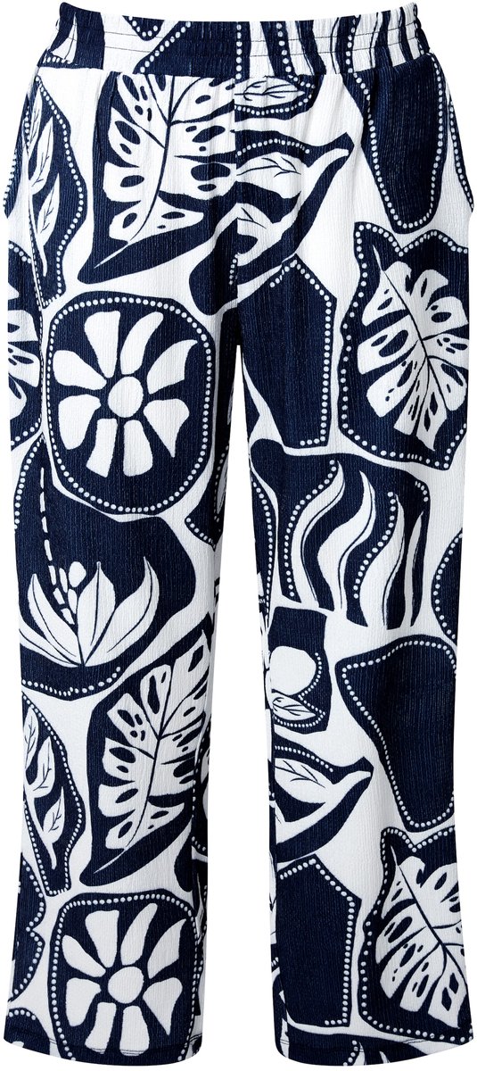 Ulla Popken - Dames - Broek Rose bladeren wijde pijpen elastische tailleband - Marine - Maat 42+