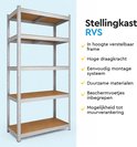 Zilverkleurige stellingkast RVS met 5 bruine legborden. Met tekst over kenmerken zoals in hoogte verstelbaar.
