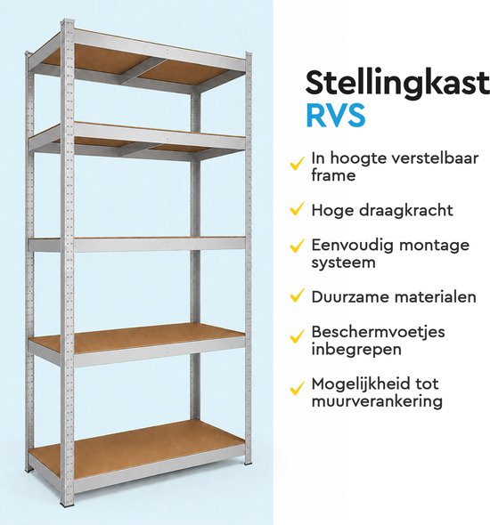 Zilverkleurige stellingkast RVS met 5 bruine legborden. Met tekst over kenmerken zoals in hoogte verstelbaar.