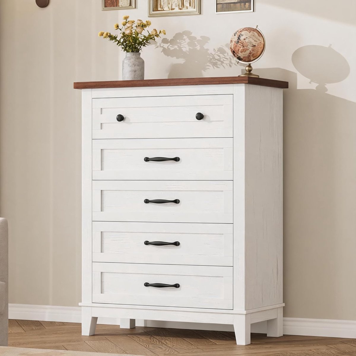 Triumpunpre Witte commode met 5 lades, 105 cm hoog | Vrijstaande houten opbergkast met veel opbergruimte voor slaapkamer en woonkamer, 80 x 40 x 105 cm