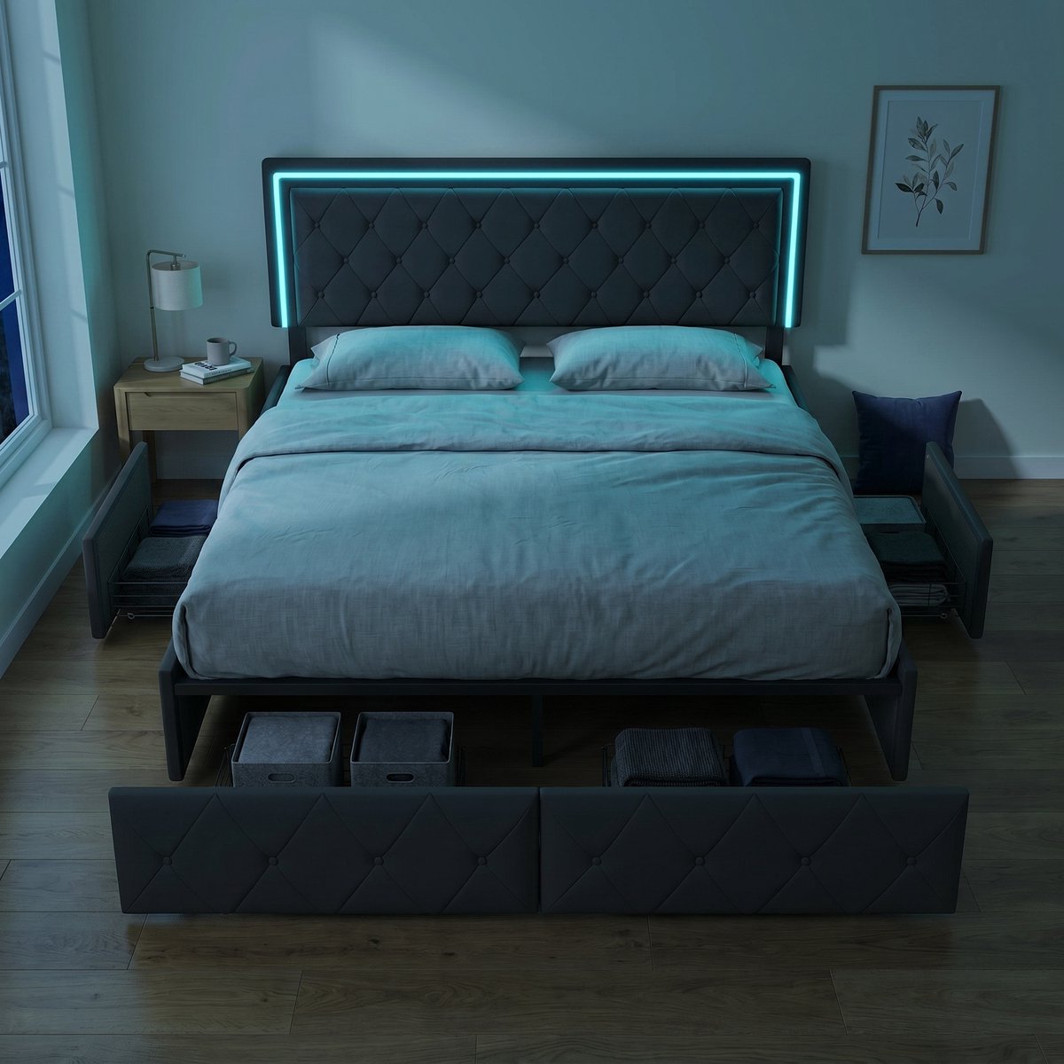 Opbergbed 140x200 cm met 4 lades - Tweepersoonsbed met opbergruimte en RGB LED - Lattenbodem - Kunstleer gestoffeerd bed - Grijs