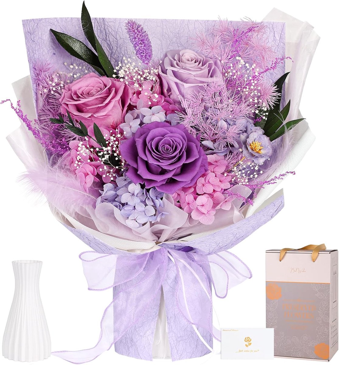 Eeuwig Boeket - Gepreserveerde Bloemen - Cadeau Geven - Handgemaakt Met Vaas - 36 cm Hoog - Roze En Lavendel