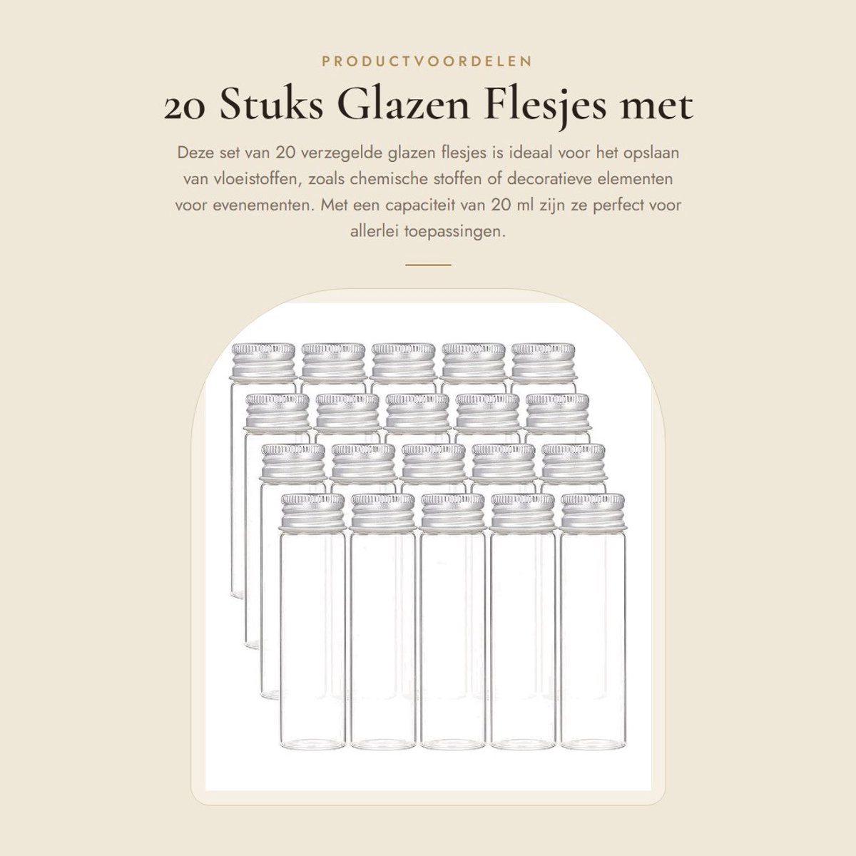 Dailygoods- Monsterfles 20 stuks - 20 ml - Verzegelde Glazen Fles - Aluminium Sluiting - Transparante Vloeistof - Voor Pilpoeder