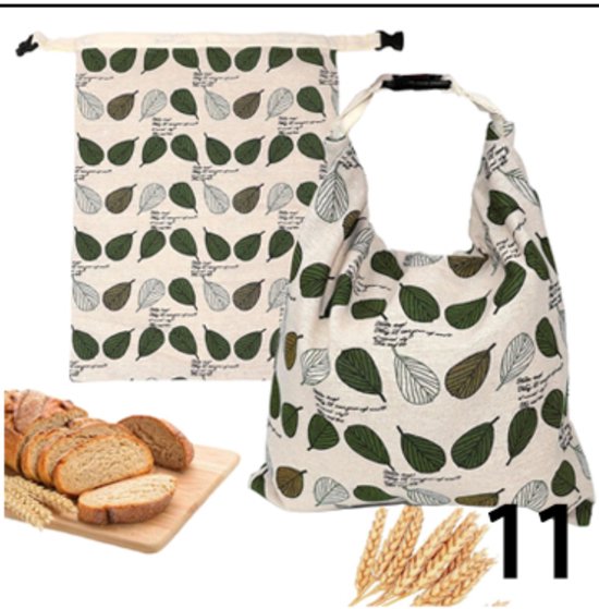 Sac à pain avec cire d'abeille - Coton/lin, grande fermeture éclair, boucle, double couche, feuilles multicolores