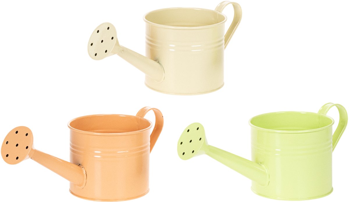 Decoratieve gieterset in pastel zalmroze, groen en geelgroen - metalen