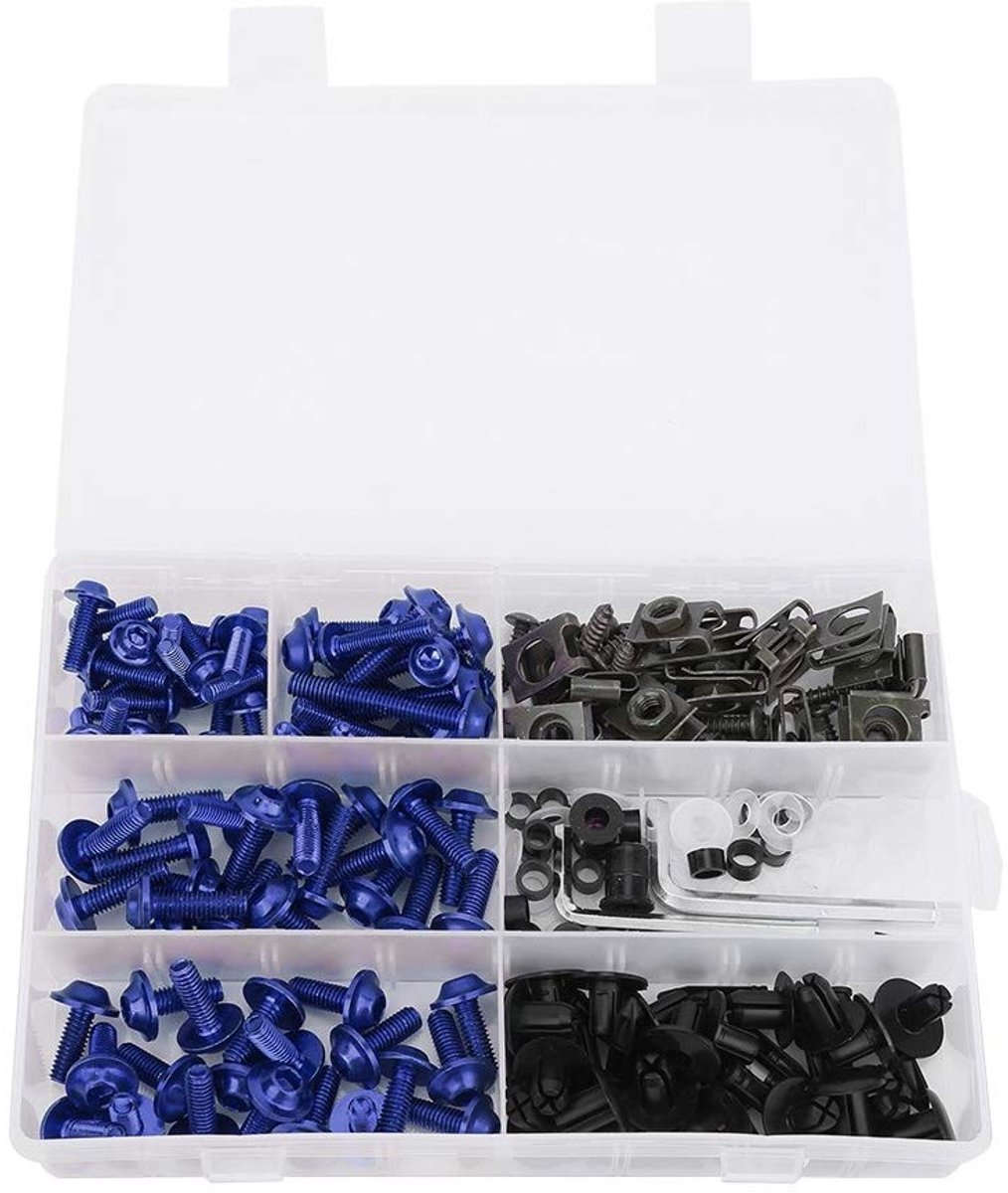 Complete Set van 198 Stuks Bevestigingsbouten voor Motorbehuizing - Inclusief M5 en M6 Schroeven, Windscherm en Accessoires in Blauw