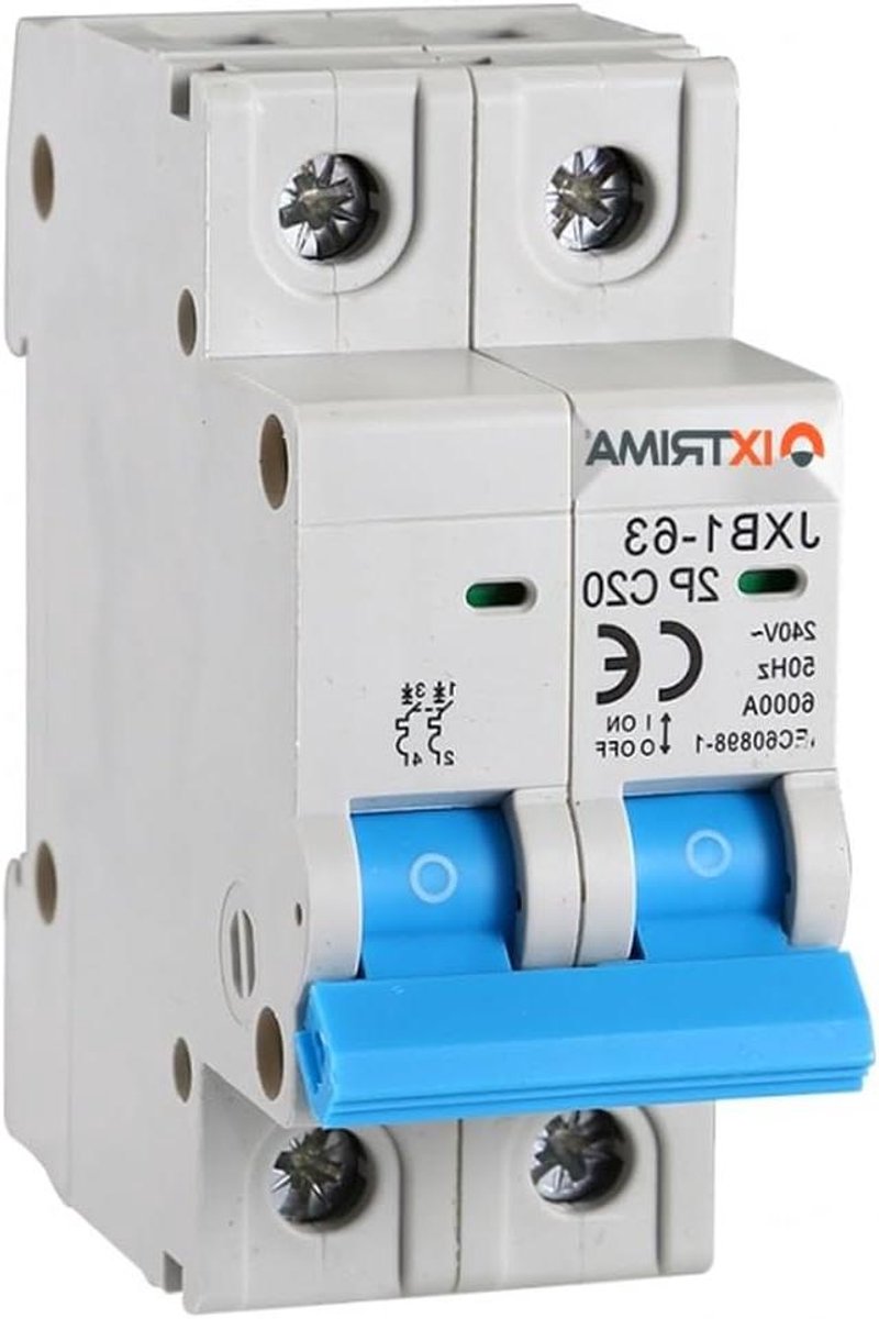 Automatische stroomonderbreker - Bipolaire automaat - Installatie beschermen - Overbelasting kortsluiting - 2P 20A 6kA - Grijs