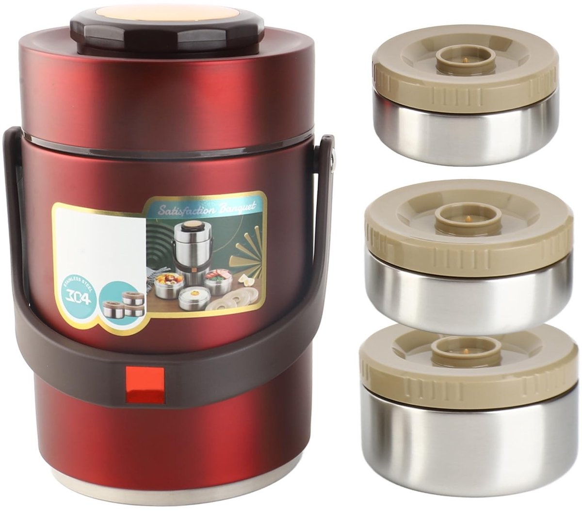 aladdien - Thermoskan - Voedselcontainer - Houdt voedsel urenlang warm - Rood - 3-laags geïsoleerd - 2000 ml - Geschikt voor warme gerechten