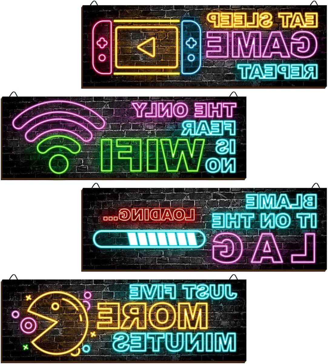 Neon Houten Wanddecoratie - Gaming Decoratie Muur - Kinderkamer Opvrolijken - Set van 4 Stuks - 12 x 4 Inch