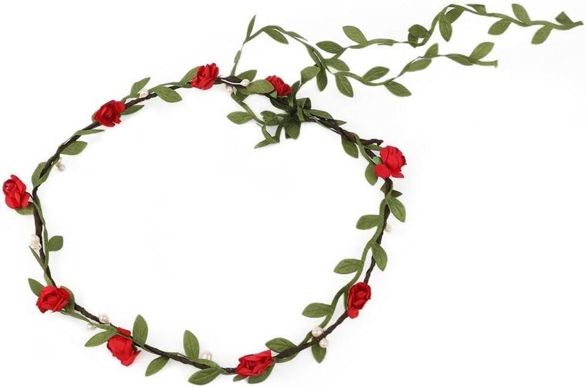 Bloemenkroon - Bloemenslinger Hoofdband - Feestelijk Accessoire - Handgemaakt met Stoffen Bladeren - Diameter 17 cm - Rood