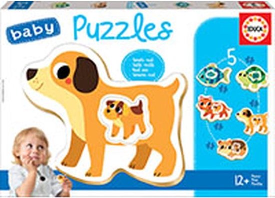 Boîte Baby Puzzles Educa. Un chien orange avec un chiot marron dans son ventre. À droite, 5 petits puzzles d'animaux : poissons, tortues et chiots.