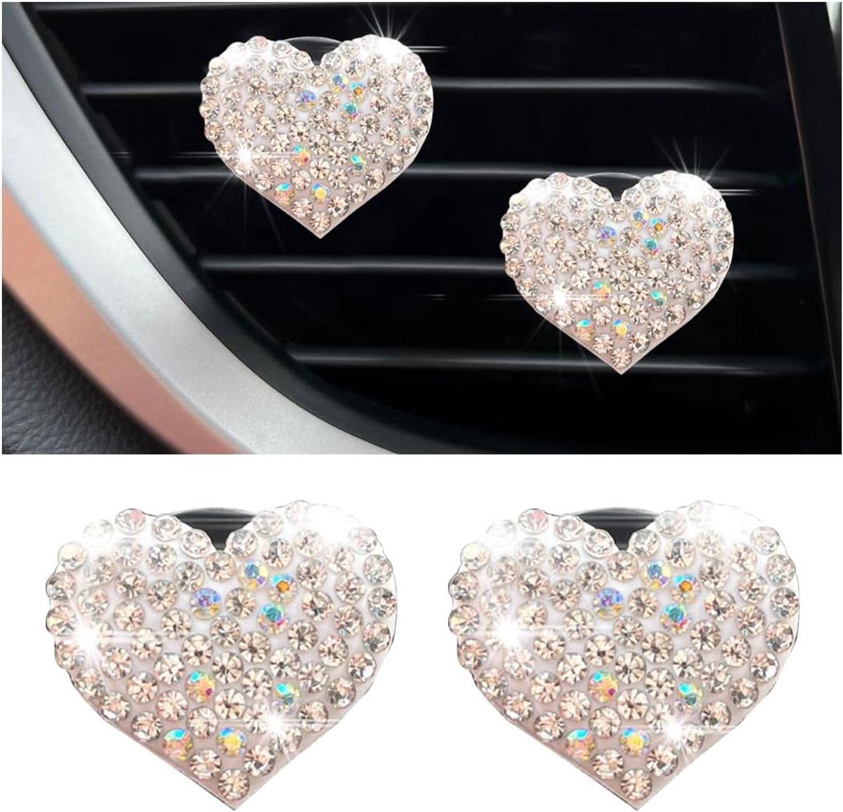 Ventilatieclips Luchtverfrisser - Auto Decoratie Clips - Auto Interieur Opfrissen - Hartvormige Kristallen Bedels - 2 stuks - Wit