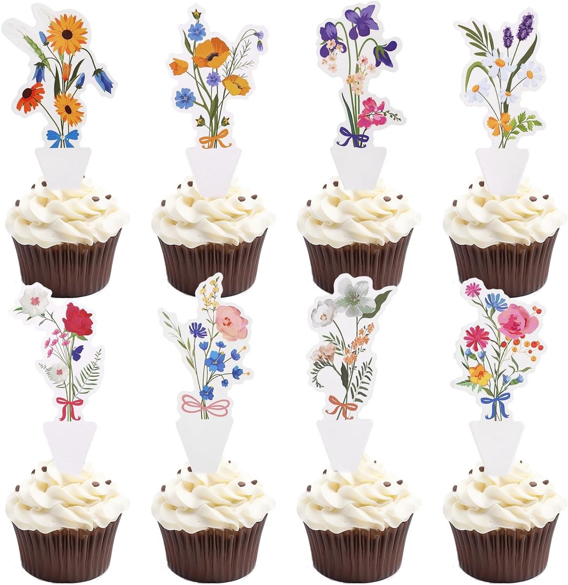 40 Stuks Bloemen Cupcake Toppers, 8 Ontwerpen voor Verjaardagsfeesten, Babyshowers en Bruiloften, Dubbelzijdige Decoratie voor Taart en Gebak in de Lente en Zomer