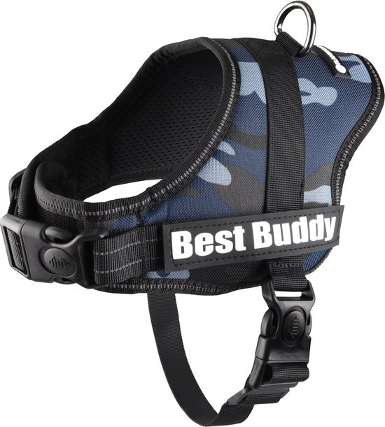 Blauw camouflage hondenharnas met zwarte gespen, een handvat en het 'Best Buddy'-embleem.