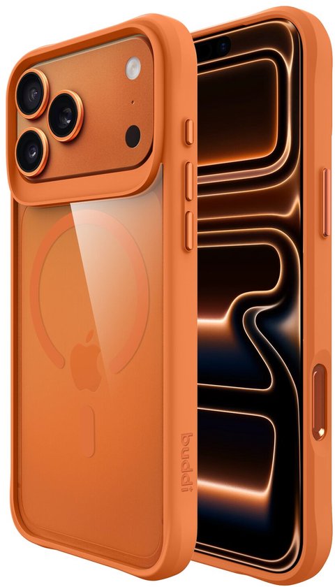 Coque Buddi MagSafe orange avec aimant et découpes pour appareil photo pour iPhone.