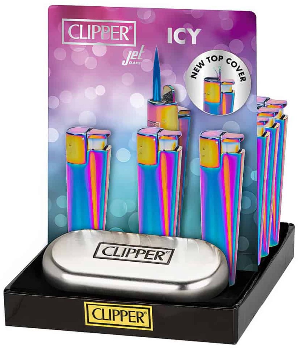 Clipper Large Metal JetFlame Aanstekers "Icy" Display (12 Stuks)