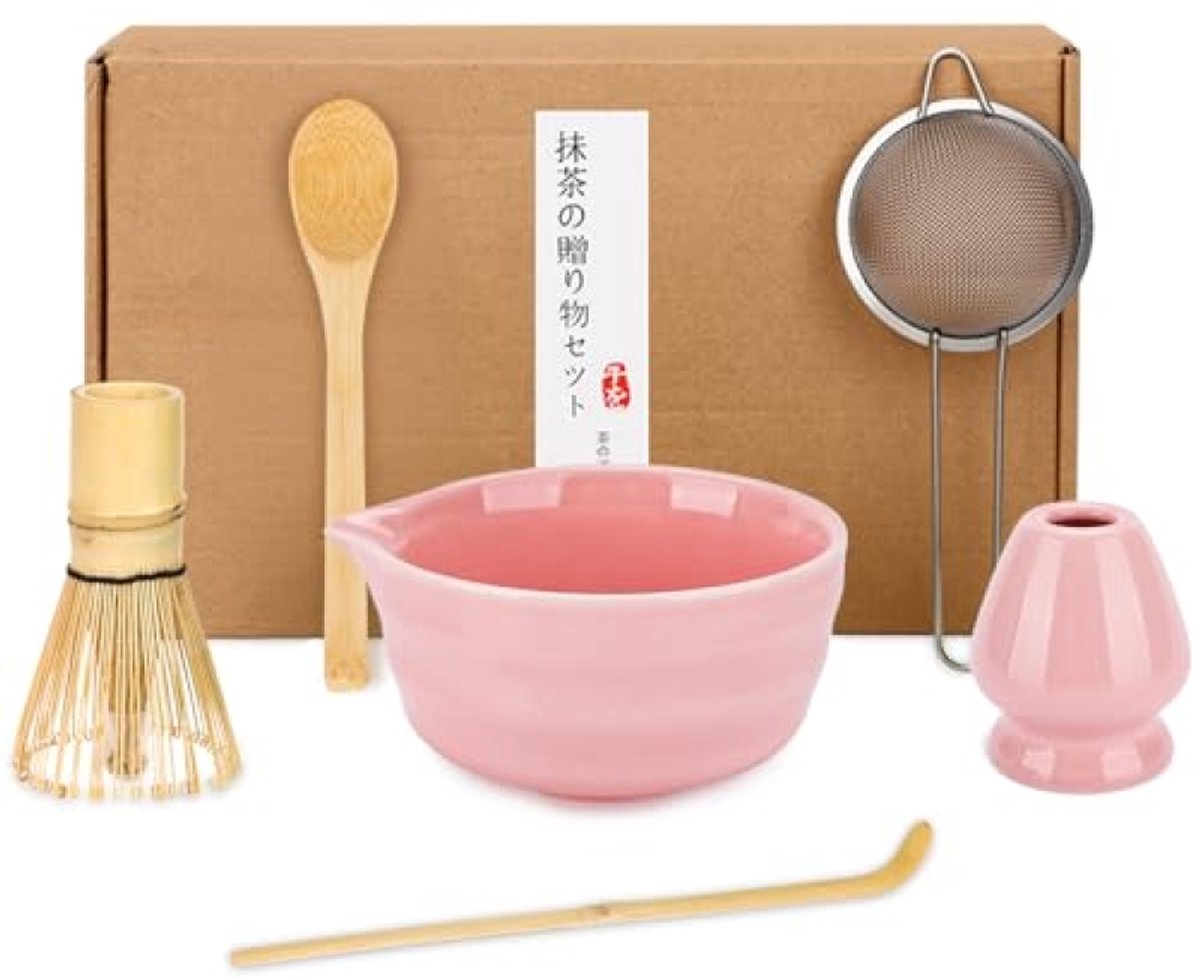 Complete Matcha Theeset met Keramieken Kom en Bamboe Accessoires - Roze