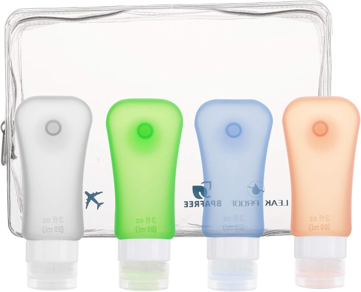 Set van 4 Siliconen Reiskoffers, Levenslange Leaks, Herbruikbare Flessen voor Shampoo en Toiletten, BPA-vrij, 90 ml