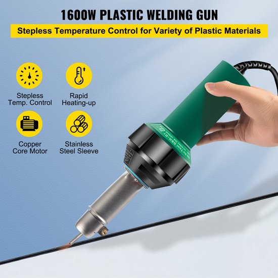 Krachtig Heteluchtlassen Pistool 1600W – Instelbare Temperatuur 50-650°C – Voor Kunststof Lassen TPO/PVC/HDPE – Met Complete Accessoireset