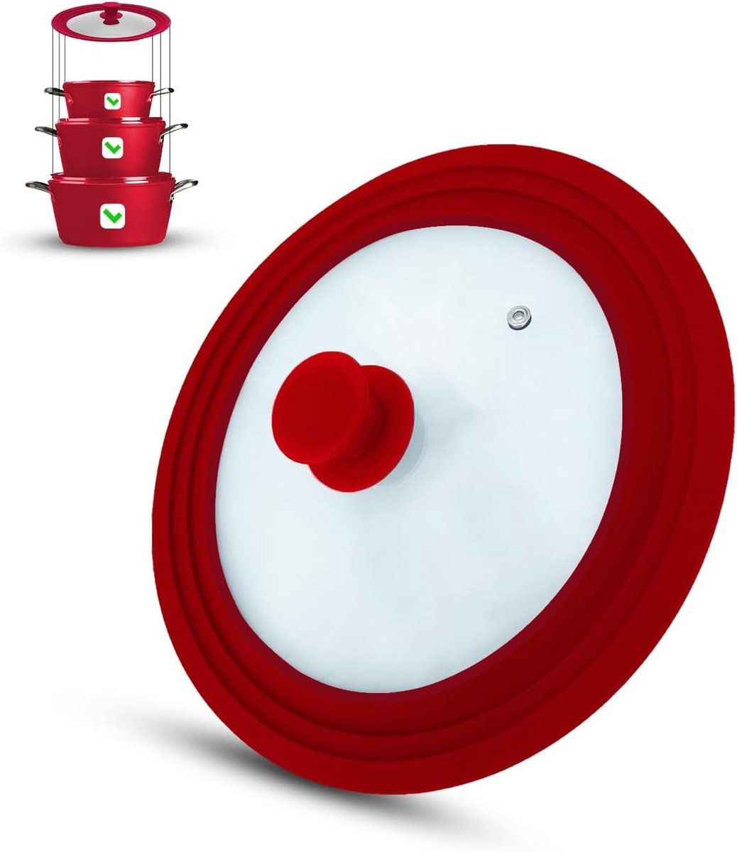 Universeel Deksel - Glazen Deksel - Koken en Braden - 3 Maten Siliconenrand - 20 22 24 cm - Rood