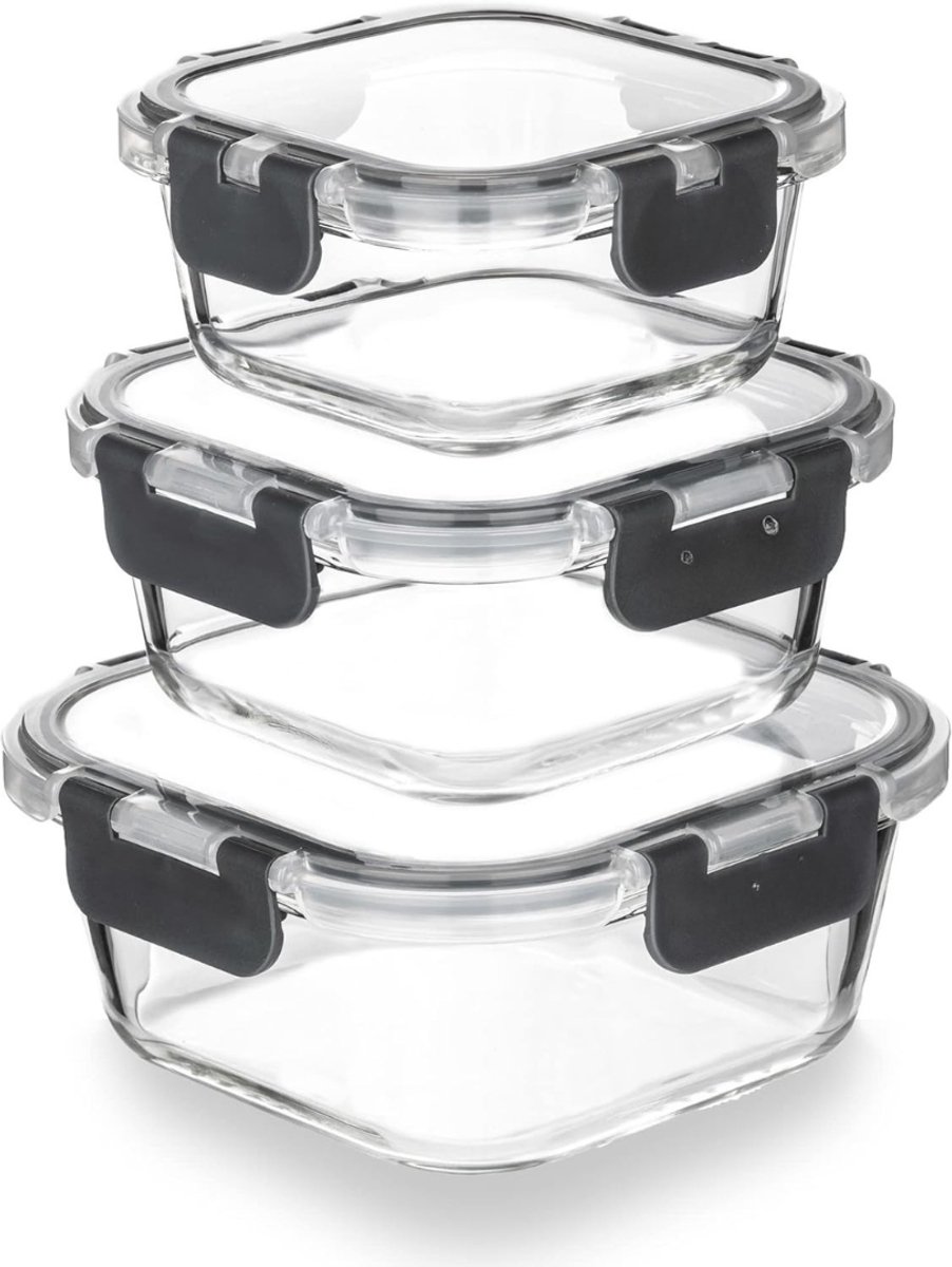 Core® Meal Prep Bakjes Glas - Vershoudbakjes glas - mealprep bakjes Glas - 320 ml, 520 ml en 800 ml - Vriezer en Vaatwasser - Transparant/Grijs - 13cm x 13cm x 6cm