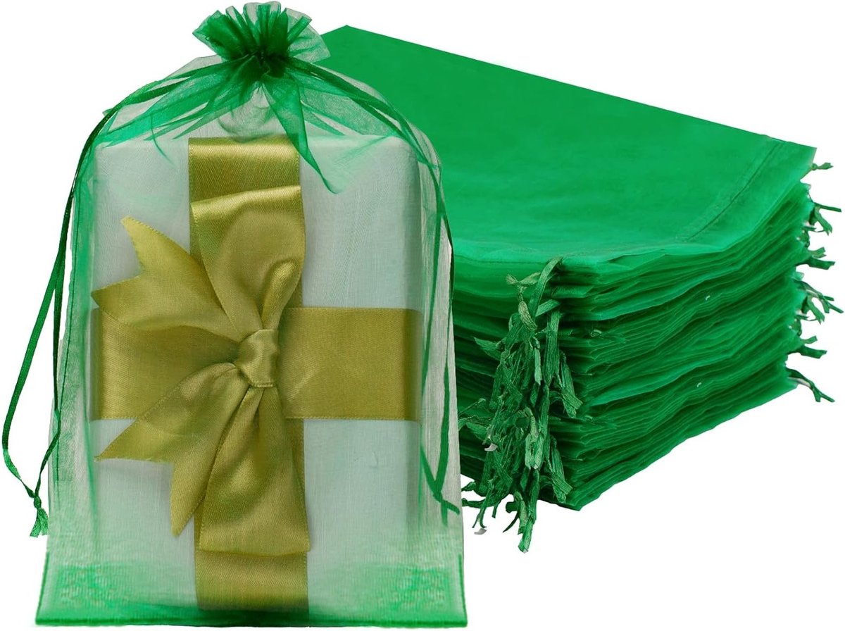 Grote groene organza zakken 20 x 30 cm voor bruiloften, cadeaus en sieraden - 50 stuks met trekkoord