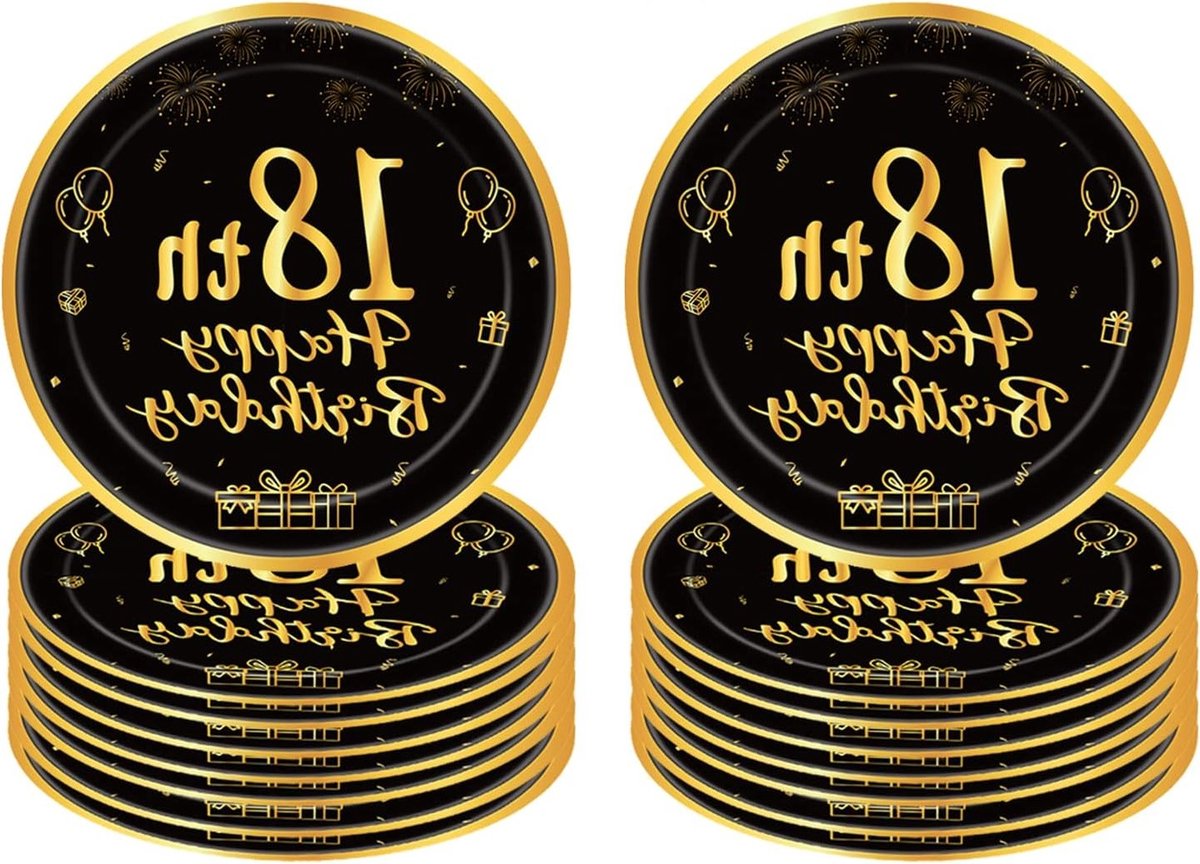 Verjaardagsborden 9 Inch Zwart Goud Wegwerp Borden - 16 Stuks - Feestdecoratie voor 18e Verjaardag, Tafelaccessoires en Party Supplies voor Jongens en Meisjes