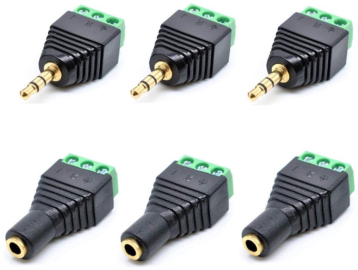 Stereo Jack Adapters - 3.5mm naar AV - Audio Aansluiten - Schroef/soldeerloos - 6 Stuks - Zwart