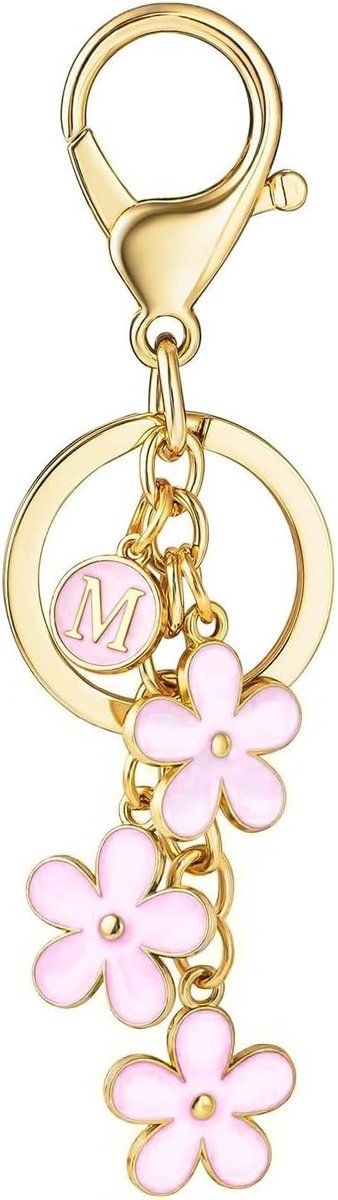 Schattige Letter Sleutelhanger met Roze Bloem, Perfect voor Handtassen en Rugzakken, Dames Sleutelhanger, Uniek en Persoonlijk