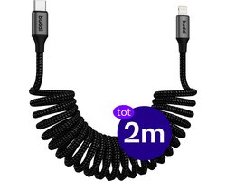 Buddi Flex | Uitrekbare USB-C naar Lightning Krul Kabel 12W Fast Charge | Gevlochten Elastisch Nylon | Krulsnoer | Spiraalkabel | Ideaal voor in de auto | 2M | 2 Meter | Zwart