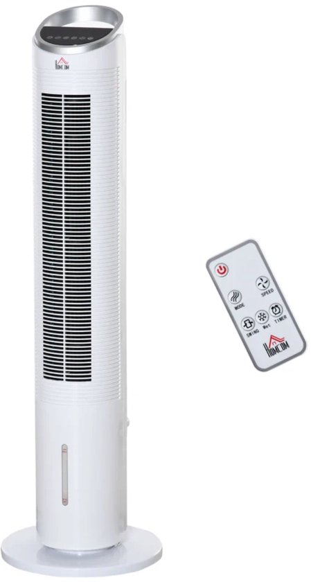Torenventilator met waterkoeling, ventilatie, koeling en bevochtiging, 3 snelheden, timer, afstandsbediening, wit