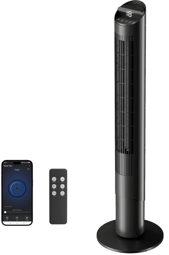 Torenventilator zwart met 6 snelheden, 4 standen, 65° oscillatie, stille slaapstand, timer en WiFi bediening