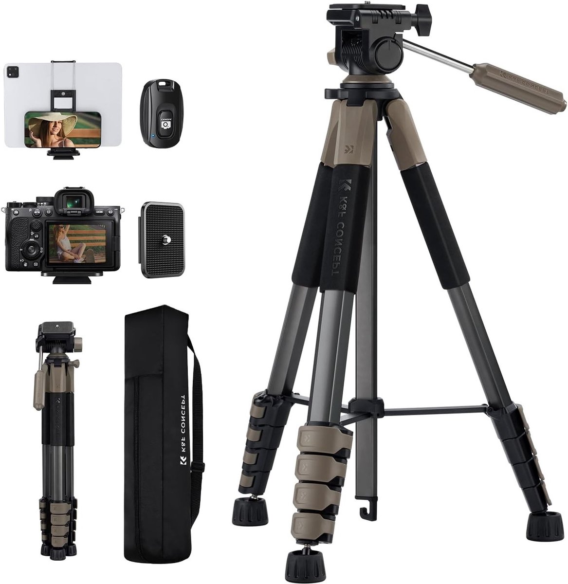 Camera Statief voor Smartphone en DSLR, 190 cm, Lichtgewicht Tripod met Telefoonclip en Bluetooth Afstandsbediening voor Nikon, Canon, Sony, iPhone en Samsung