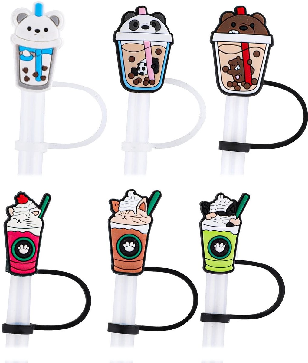 Allecto - Herbruikbare Rietjeshoezen - Schattige Siliconen Rietje Tips - 6 stuks - Cartoon Patroon - Rietje Toppers - Voor 7-8mm Rietjes