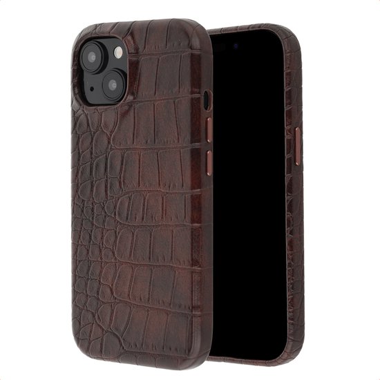 Coque de téléphone marron Croco pour iPhone avec découpe de caméra.