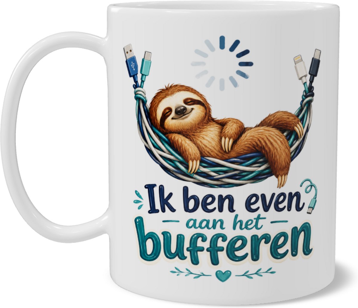 Mok met Luiaard in Hangmat en Tekst Ik ben even aan het bufferen - Grappig ICT Cadeau