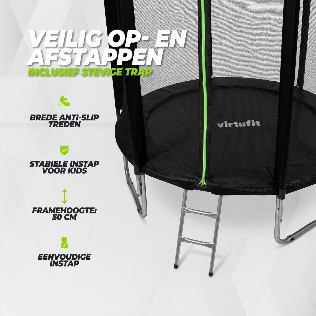 VirtuFit Trampoline met Veiligheidsnet - 183 cm - Inclusief Gratis Trap - Extra Veilig - UV- en Weerbestendig - Voor Kinderen en Volwassenen - Zwart — afbeelding 9