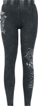 Voorkant grijze legging met witte prints van bloemen, een schedel en een zonneklok.