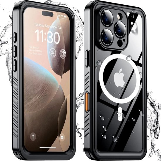SBG Outdoor Case Waterdicht Hoesje geschikt voor Apple iPhone 16 Pro Max | Compatibel met MagSafe / Qi2 | Onderwater tot twee meter | Antislip greep | IP68-gecertificeerd | Transparant/Zwart