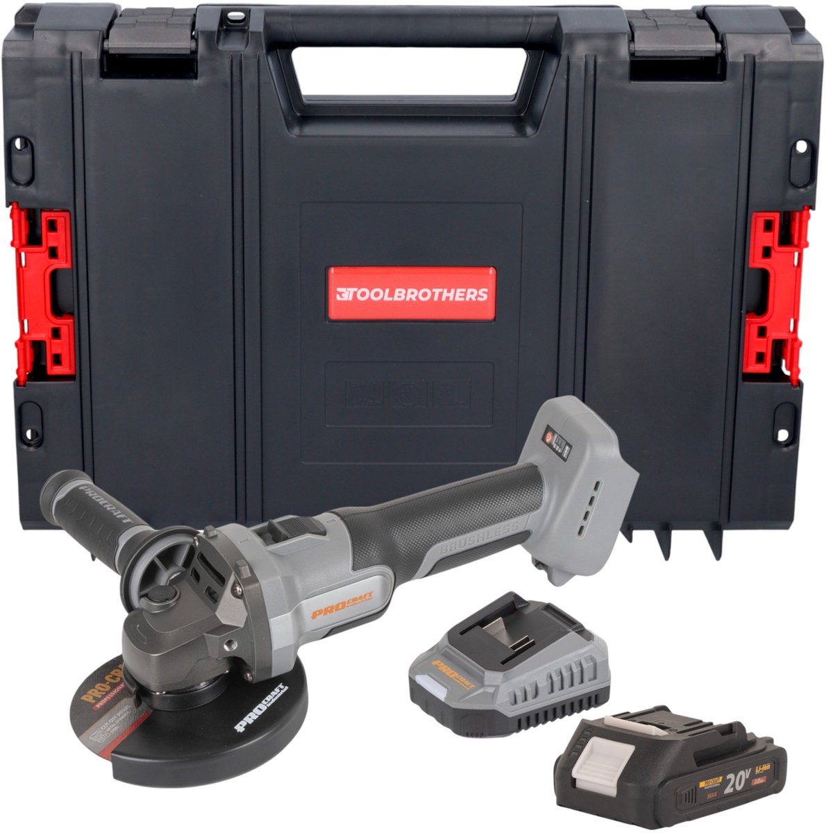 Procraft Industrial AG125Abb accu haakse slijper 20 V 125 mm borstelloos + 1x accu 2,0 Ah + oplader + RHINO-gereedschapskoffer