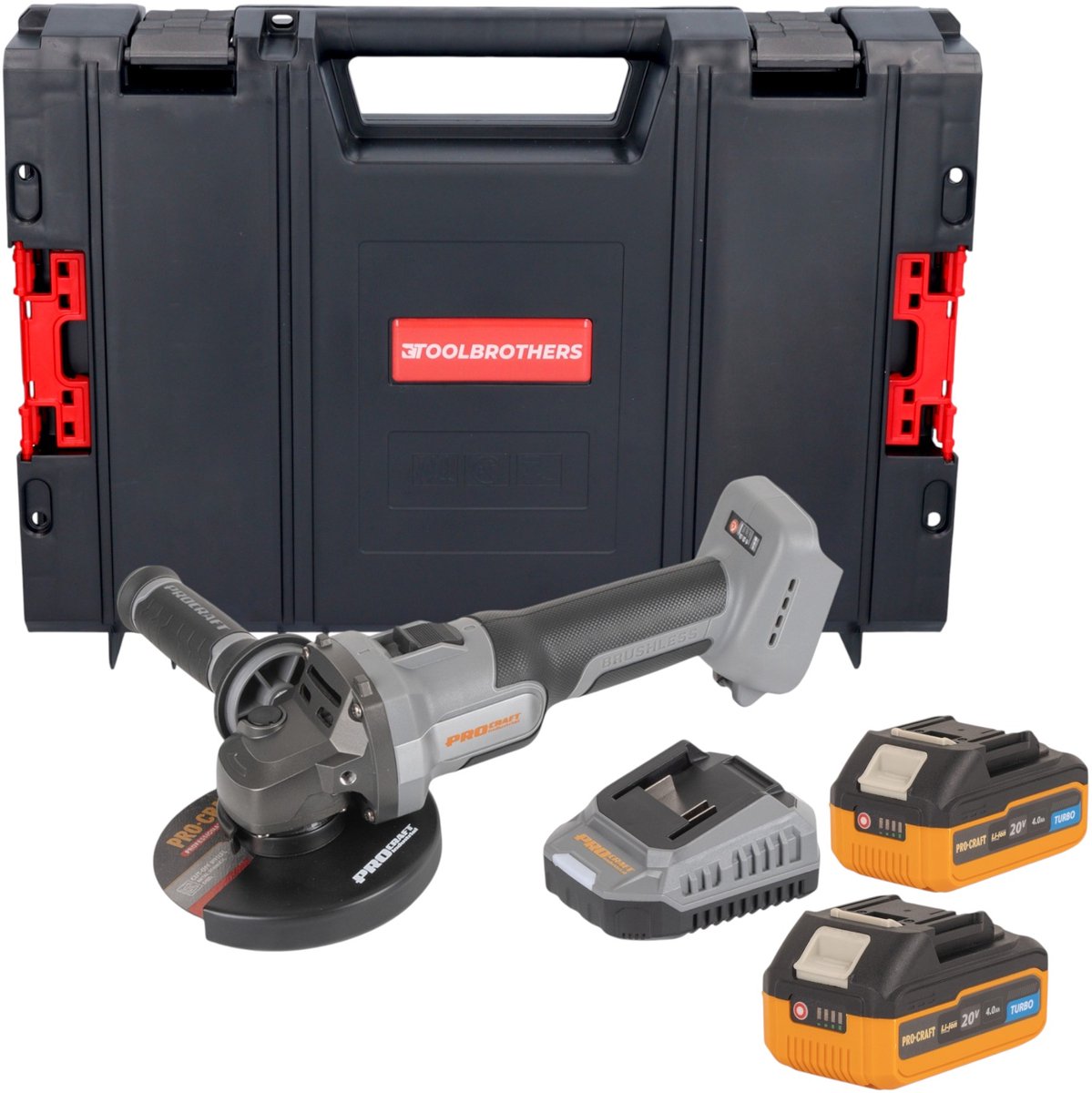 Procraft Industrial AG125Abb accu haakse slijper 20 V 125 mm borstelloos + 2x accu 4,0 Ah + oplader + RHINO gereedschapskoffer