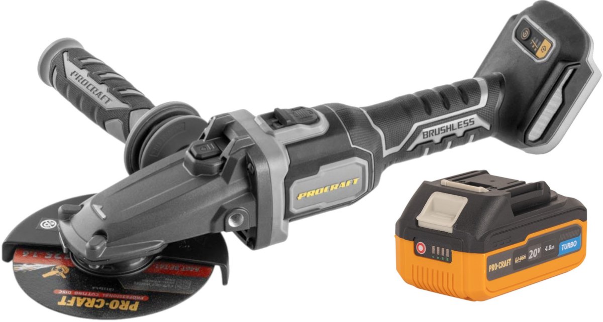 Procraft Industrial AG125Cbb accu vlakke hoekslijper 20 V 125 mm borstelloos + 1x accu 4,0 Ah - zonder oplader