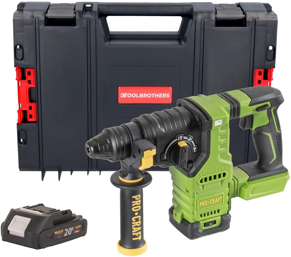 Procraft PHA30bb accu-boorhamer 20 V 2,8 J SDS plus Brushless + 1x accu 2,0 Ah + RHINO-gereedschapskoffer - zonder oplader
