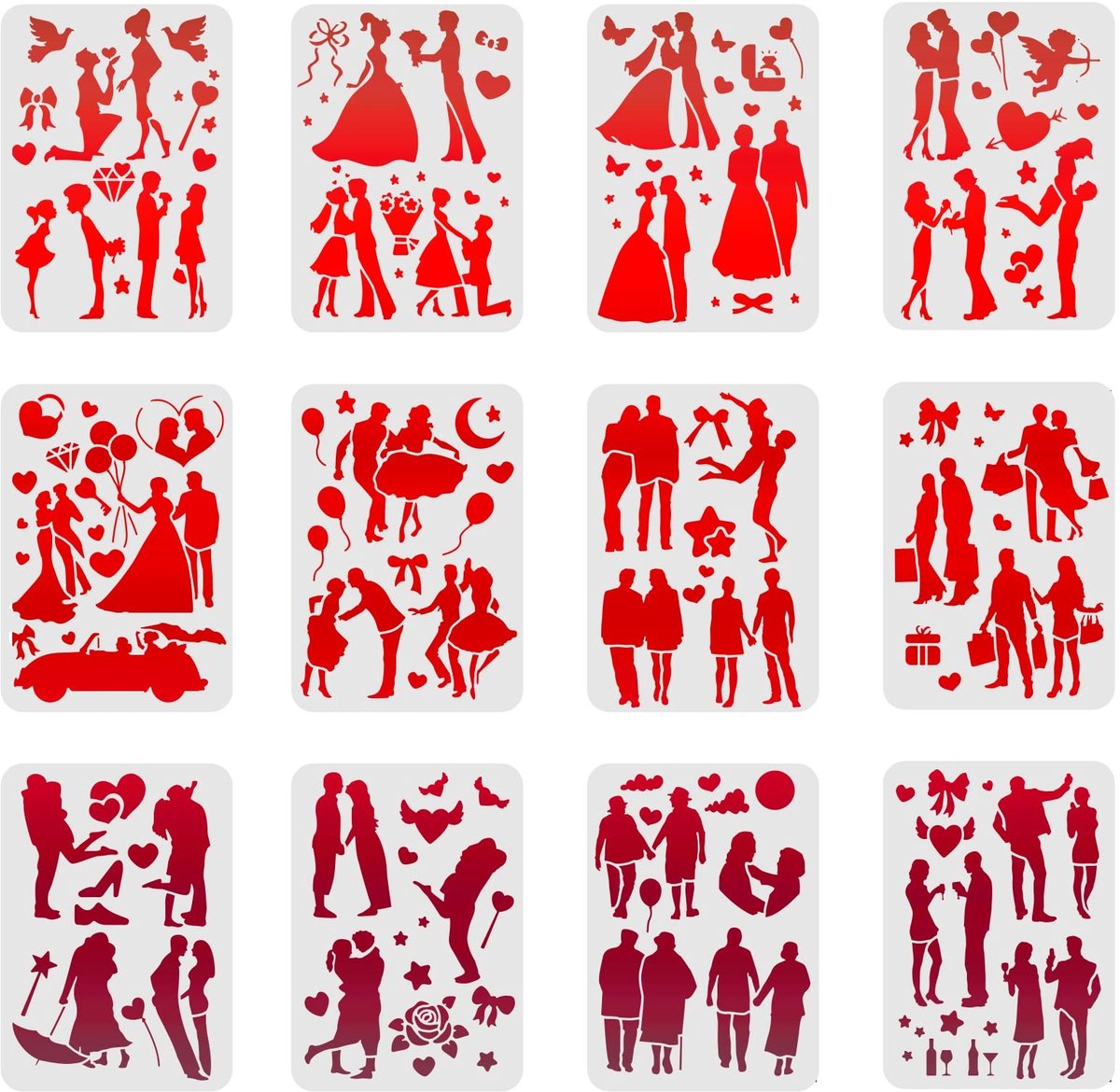 Allecto - Liefdesstencils - Romantische sjablonen - Kunststof - 12 stuks - Creatief schilderen - Diverse maten - Geschikt voor hout en muur