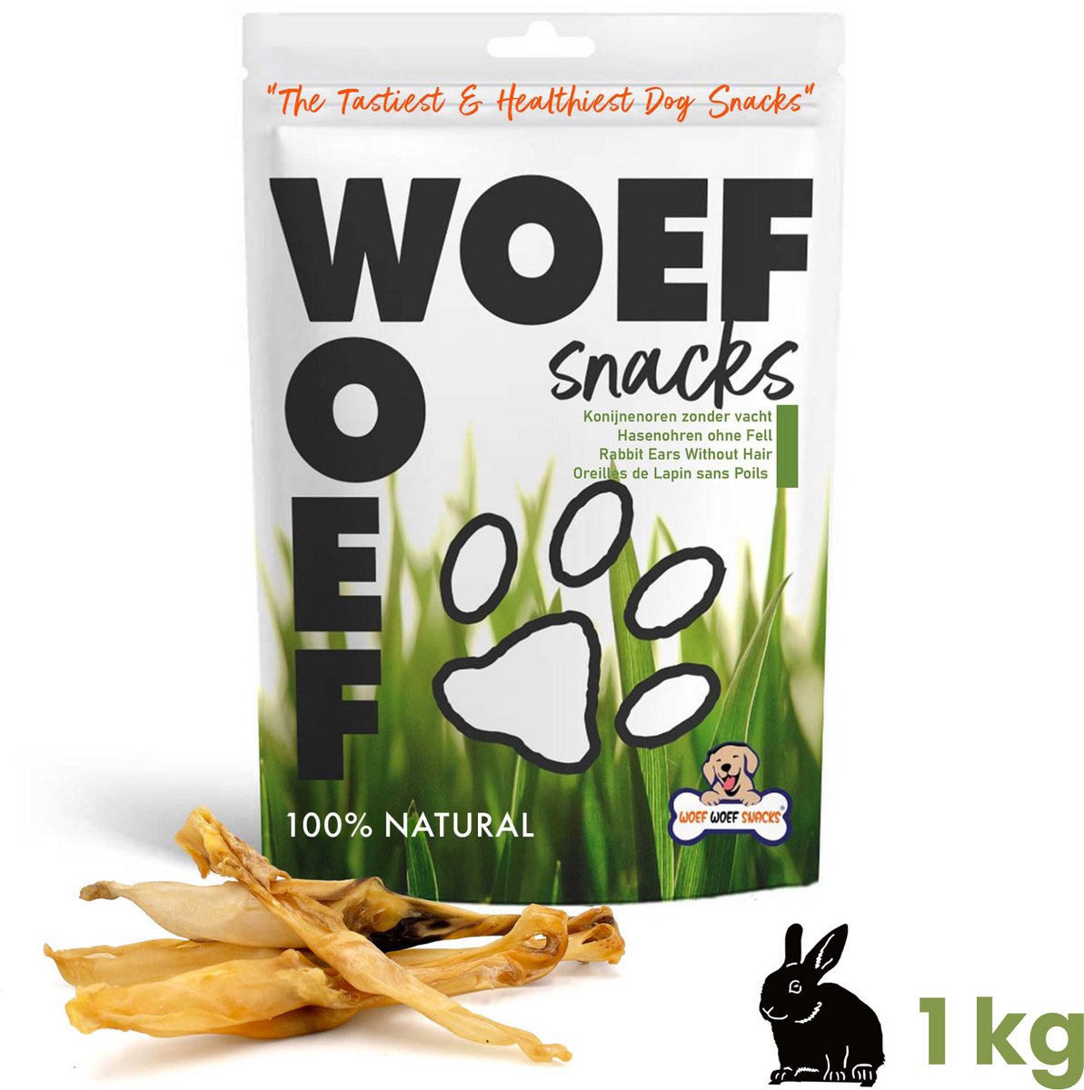 Woef Woef Snacks Hondensnacks Konijnenoren zonder haar - 1.00 KG - Kauwsnacks - Gedroogd vlees - Konijn - vanaf 3 maanden - Geen toevoegingen